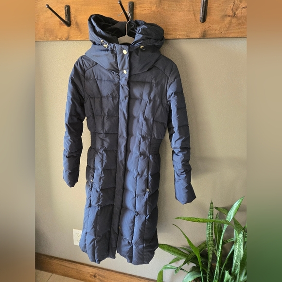 COLE HAAN Puffer Coat navy Gold S Long Length Winter Warm Apres Ski Down Fill - Picture 3 of 12